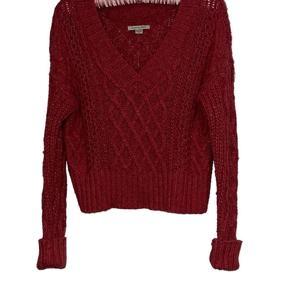 🦅 American Eagle Pink/Red Cable Knit Cotton Blend Crop Pullover Sweater Ladies